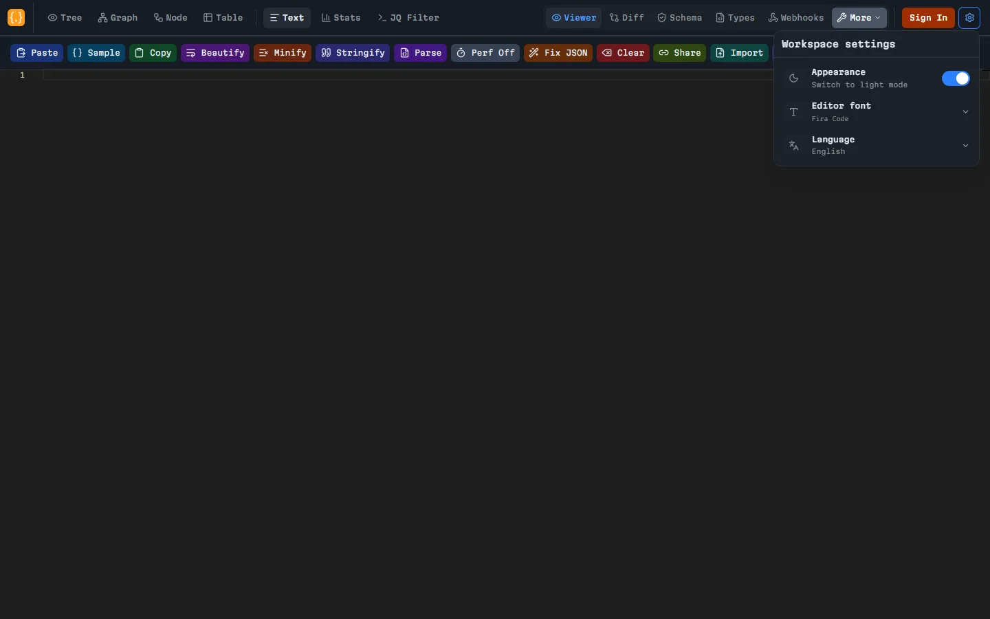 BracketView workspace settings: theme, editor font, and UI language