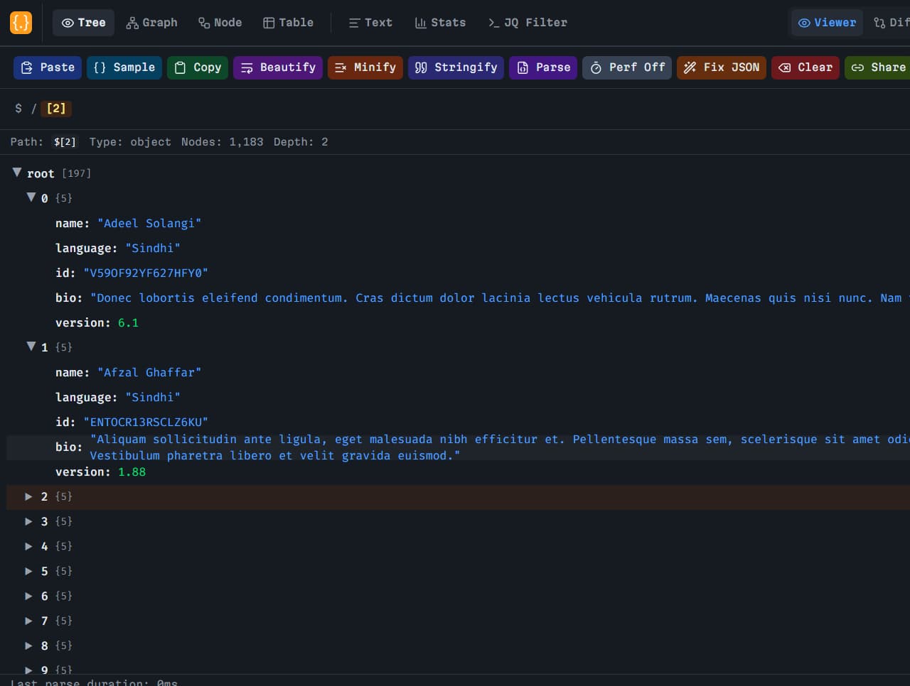 BracketView JSON workspace with Tree, Graph, Node, Table, and Text tabs