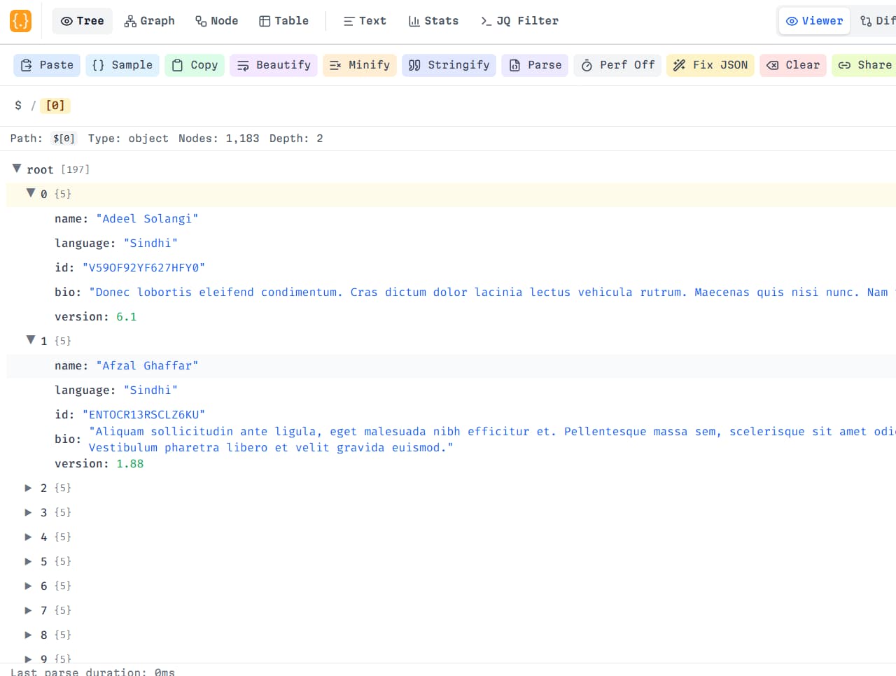 BracketView JSON workspace with Tree, Graph, Node, Table, and Text tabs